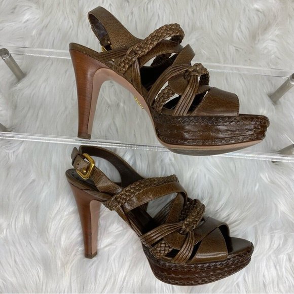 Prada Women's Brown Designer Braided Leather Strappy Luxury Heels IT 37.5 / US 7 - Picture 9 of 17
